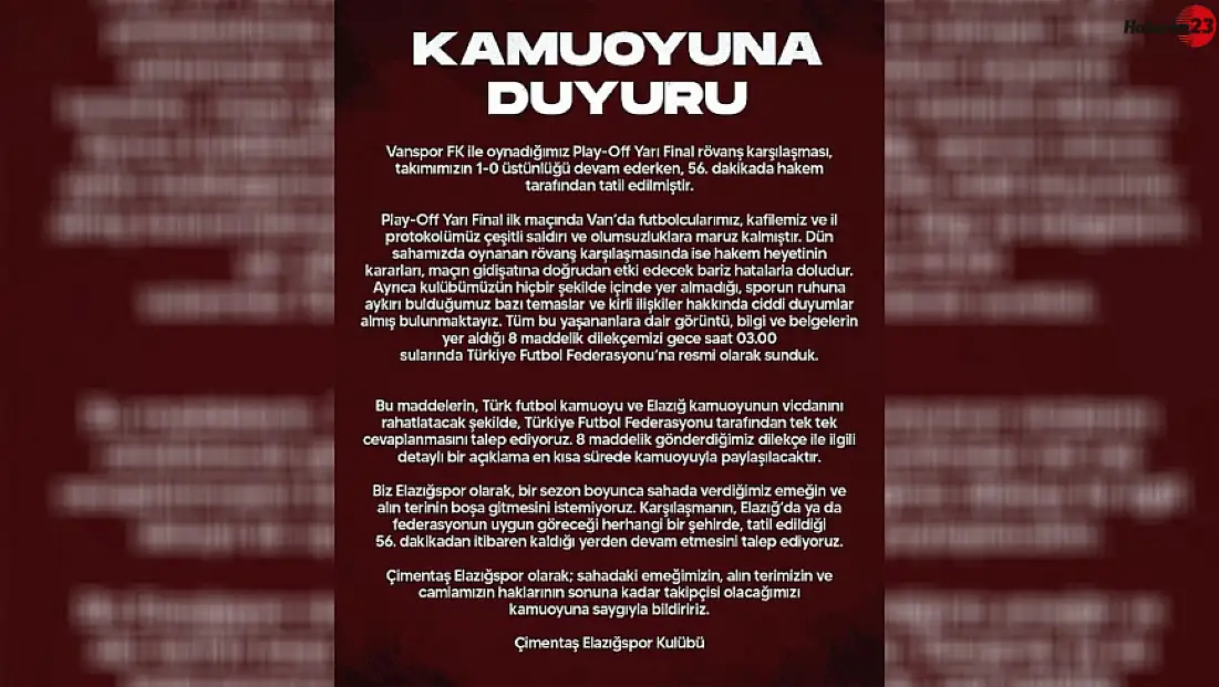 Elazığspor'dan Açıklama: Hakkımızın Sonuna Kadar Takipçisi Olacağız