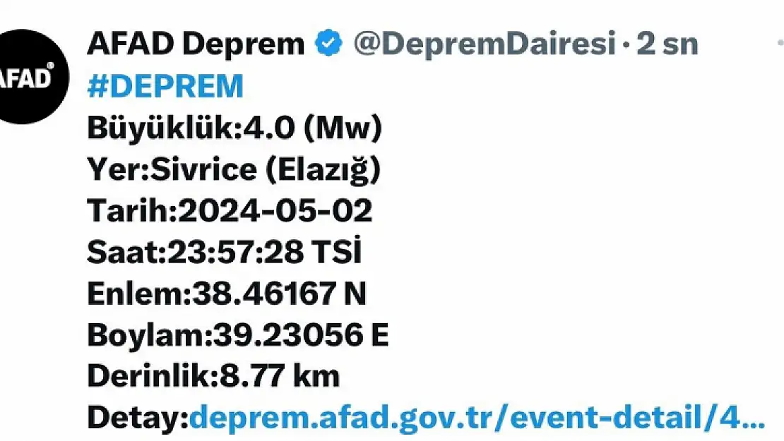 Elazığ'da 4.0 büyüklüğünde deprem