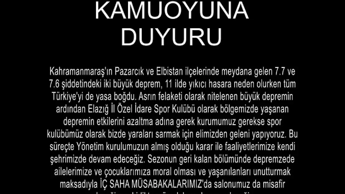 Elazığ İl Özel İdare SK: 'Faaliyetlerimize kendi şehrimizde devam edeceğiz'