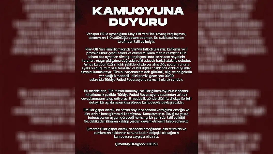 Elazığspor'dan Açıklama: Hakkımızın Sonuna Kadar Takipçisi Olacağız