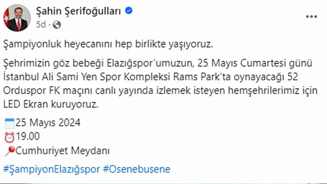 Final maçı için Elazığ'da dev ekran kurulacak