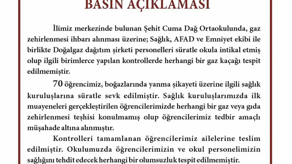 Valilik: 'Hiç Bir Olumsuzluk Tespit Edilemedi' Peki 70 Öğrenci Neden Hastanede?