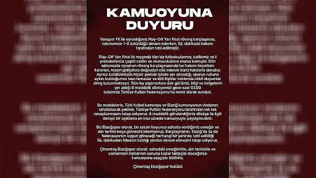 Elazığspor'dan Açıklama: Hakkımızın Sonuna Kadar Takipçisi Olacağız