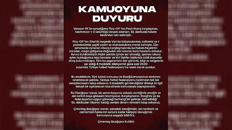 Elazığspor'dan Açıklama: Hakkımızın Sonuna Kadar Takipçisi Olacağız