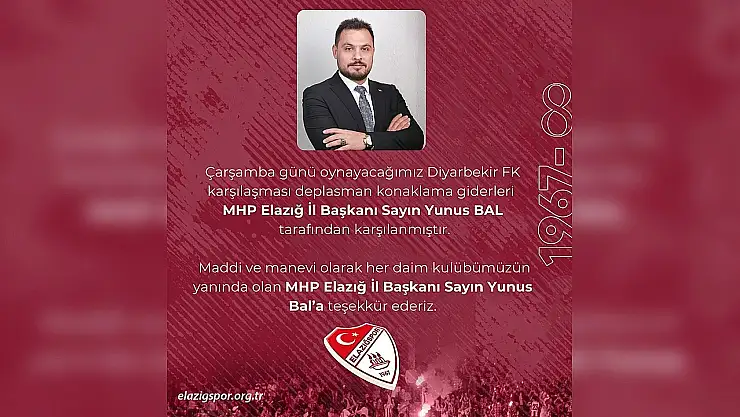 Elazığspor'dan Yunus Bal'a Teşekkür